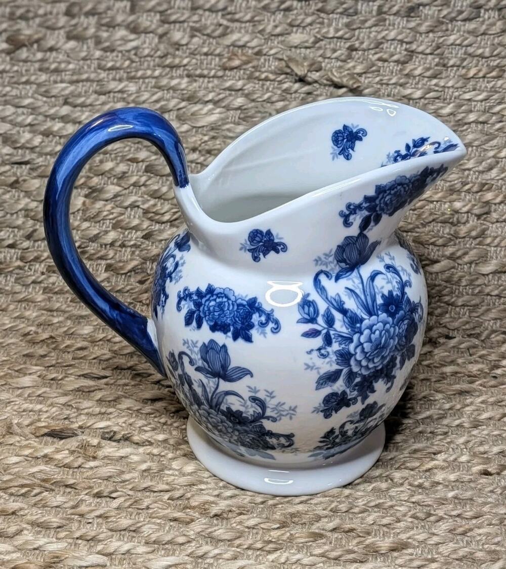 Vintage Cobalt Blue & White Porcelain Floral Pitcher Jug Chinioserie Chic MCM